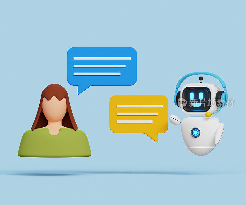 3D AI助手。人工智能聊天机器人。人工智能聊天机器人与人类聊天的概念。机器人回答女性的问题。三维演示